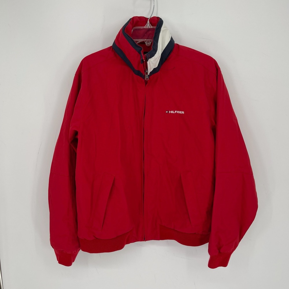 Vintage Tommy Hilfiger Men's Red Packable Hood Full Zip Windbreaker Jacket Sz S